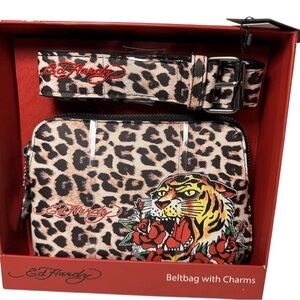 Ed Hardy cheetah animal print belt bag with charms NWT